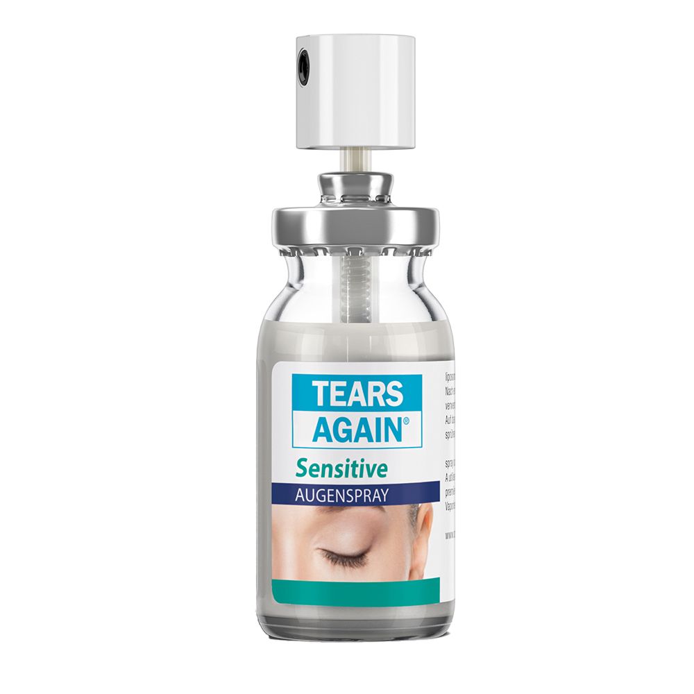 Flacon de spray oculaire. Inscription: TEARS AGAIN® Sensitive Augenspray. Avec tête de pulvérisation.