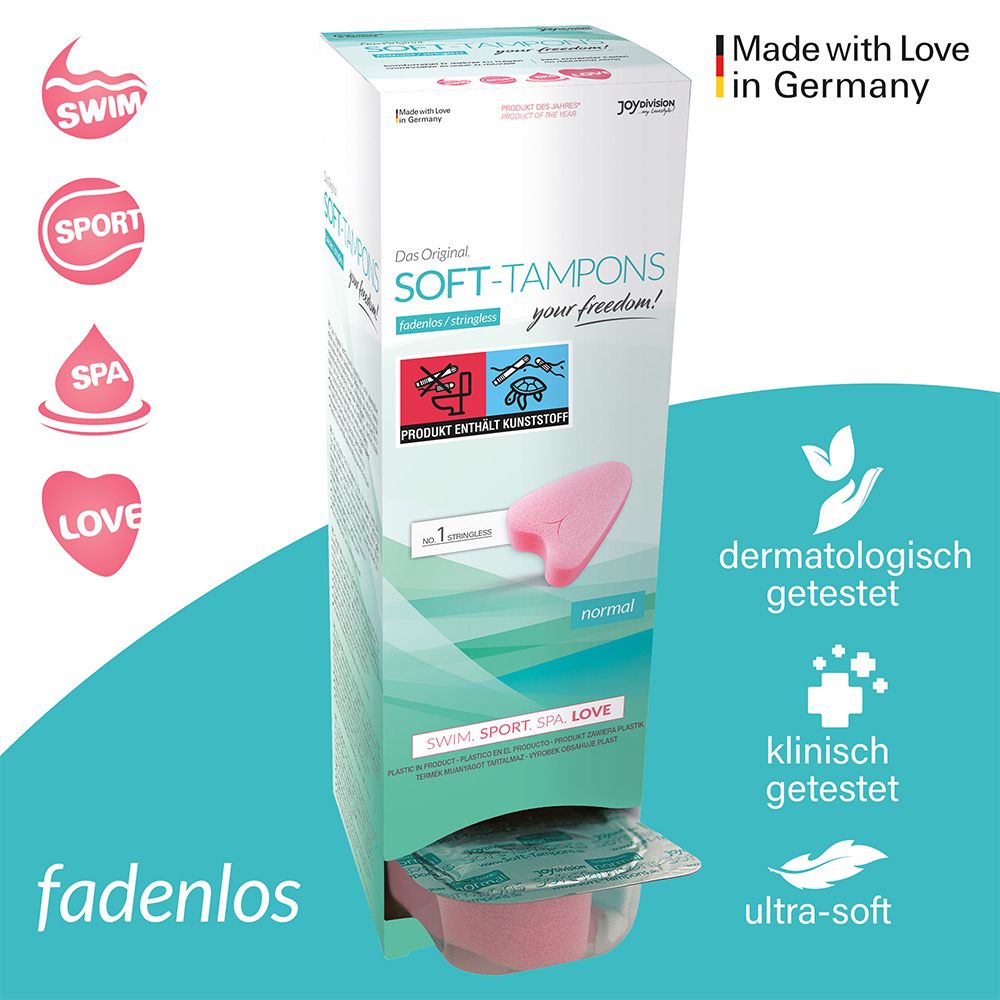 Soft Tampons Normal, emballage avec sceaux 'Made with Love in Germany'.