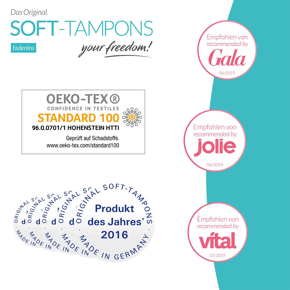 Soft Tampons Normal : sceau OEKO-TEX Standard 100 et récompenses.