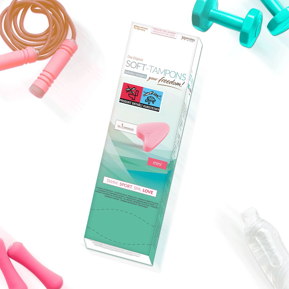 Boîte Soft Tampons mini avec équipement de sport. Rose, en forme de cœur.