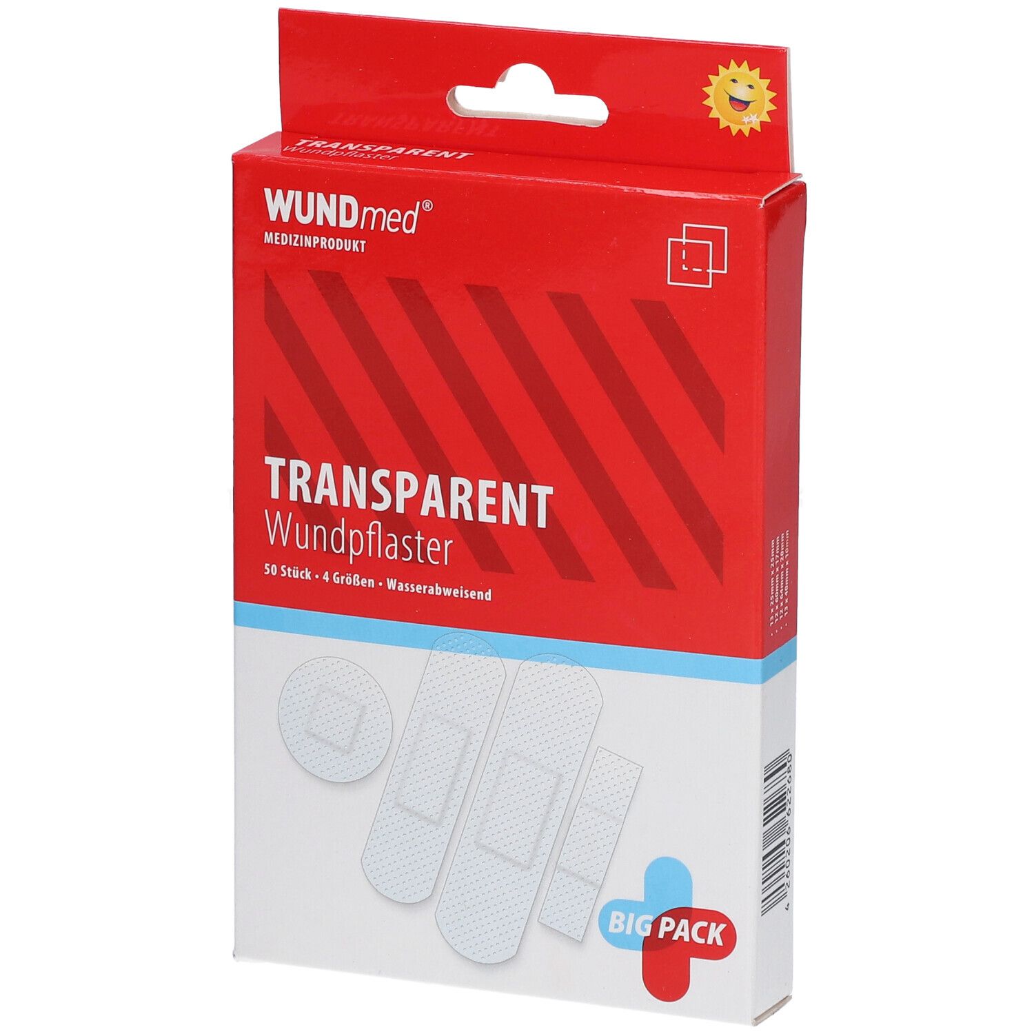 Boîte de pansements transparents. Marque WUNDmed, 50 pièces en 4 tailles. Résistant à l'eau.