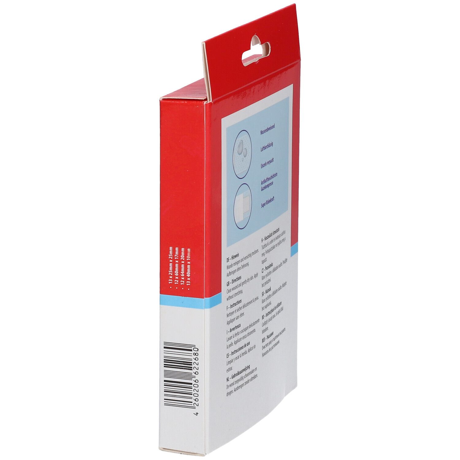 Vue latérale de la boîte de pansements transparents. Informations sur le produit et indications de taille.