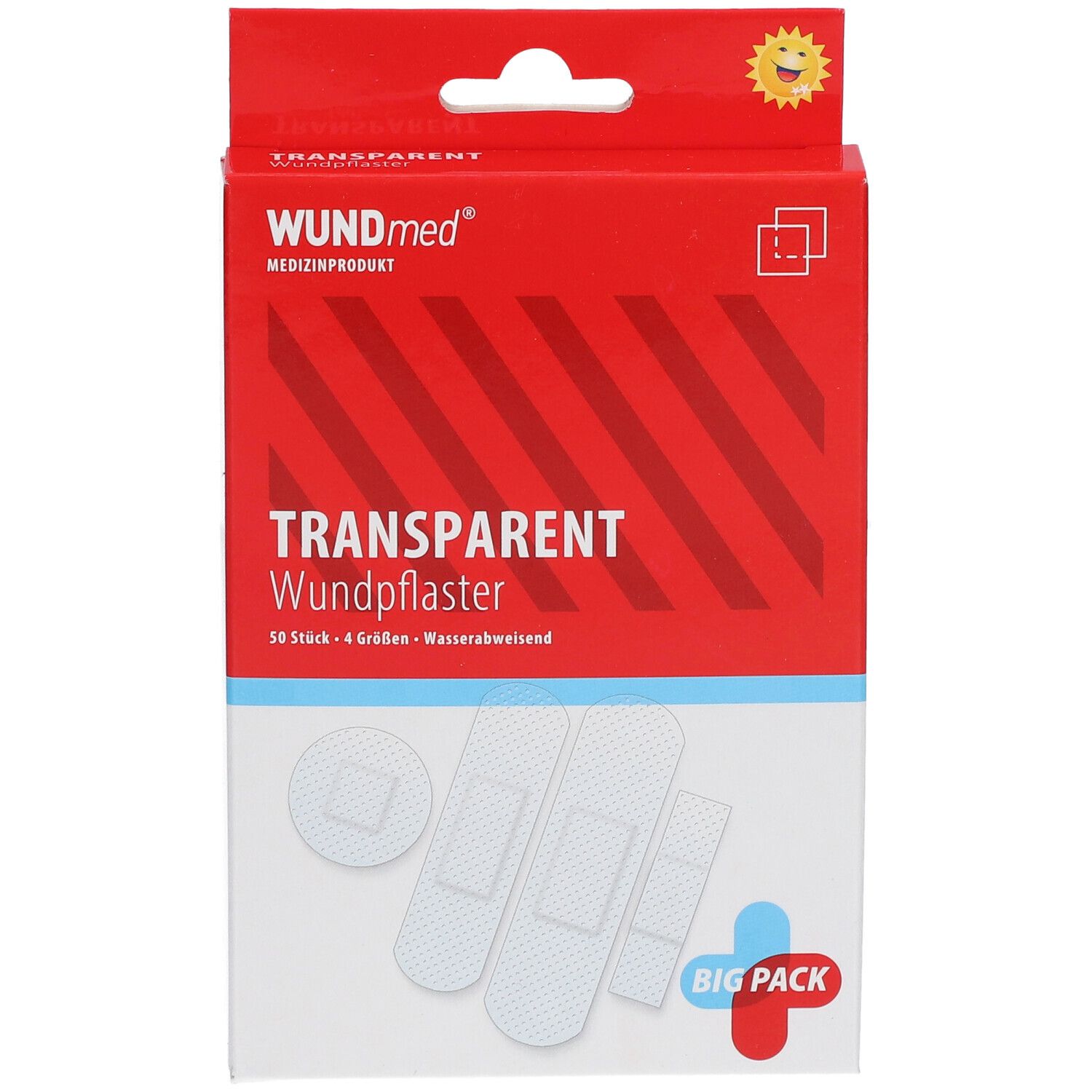 Boîte de pansements transparents. Marque WUNDmed, 50 pièces en 4 tailles. Résistant à l'eau.