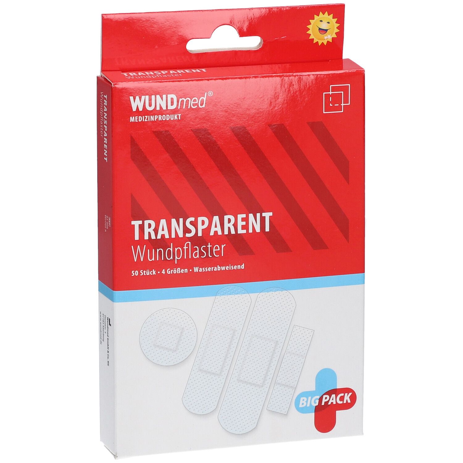 Boîte de pansements transparents. Marque WUNDmed, 50 pièces en 4 tailles. Résistant à l'eau.