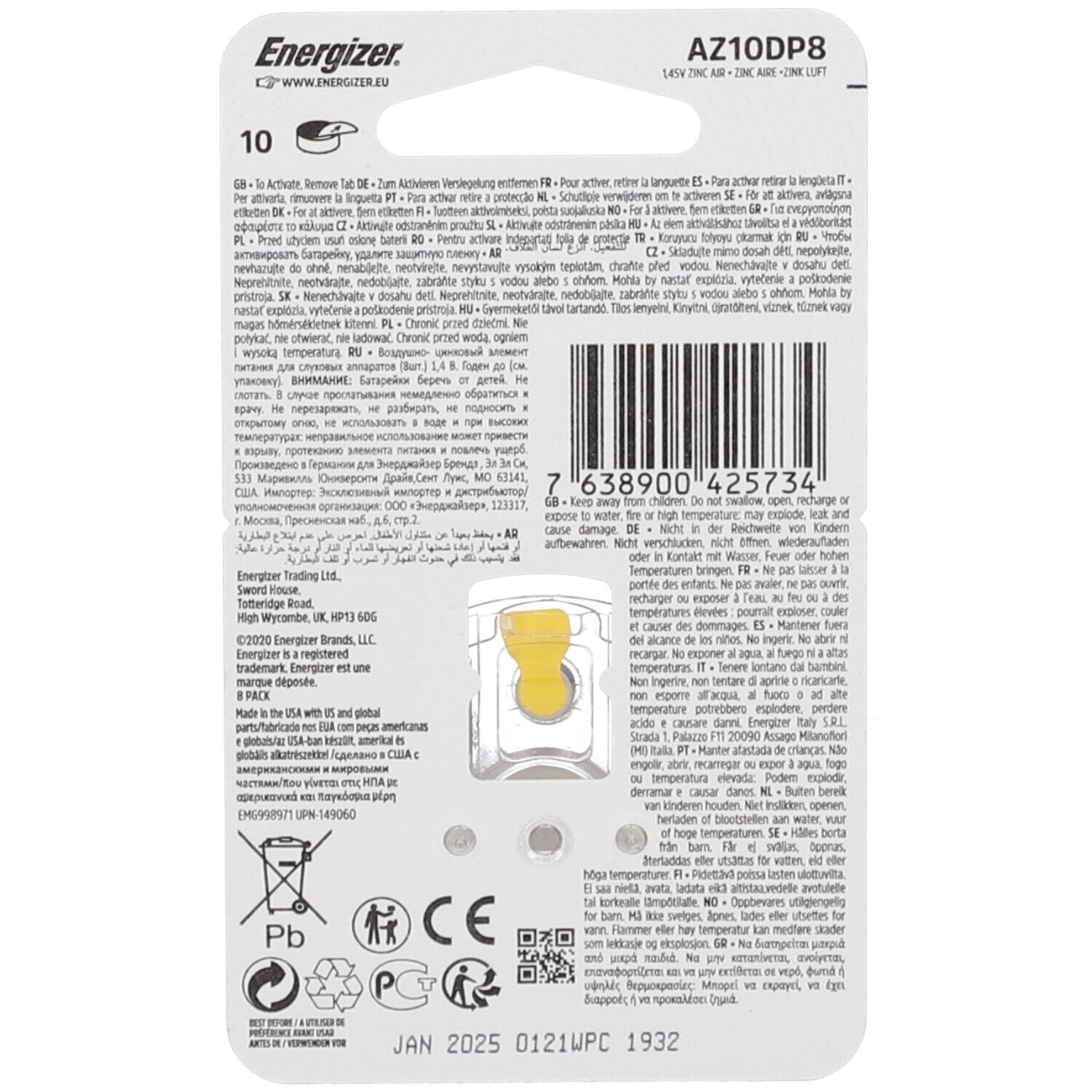 Piles bouton Energizer AZ10DP8, 10 pièces sous blister.