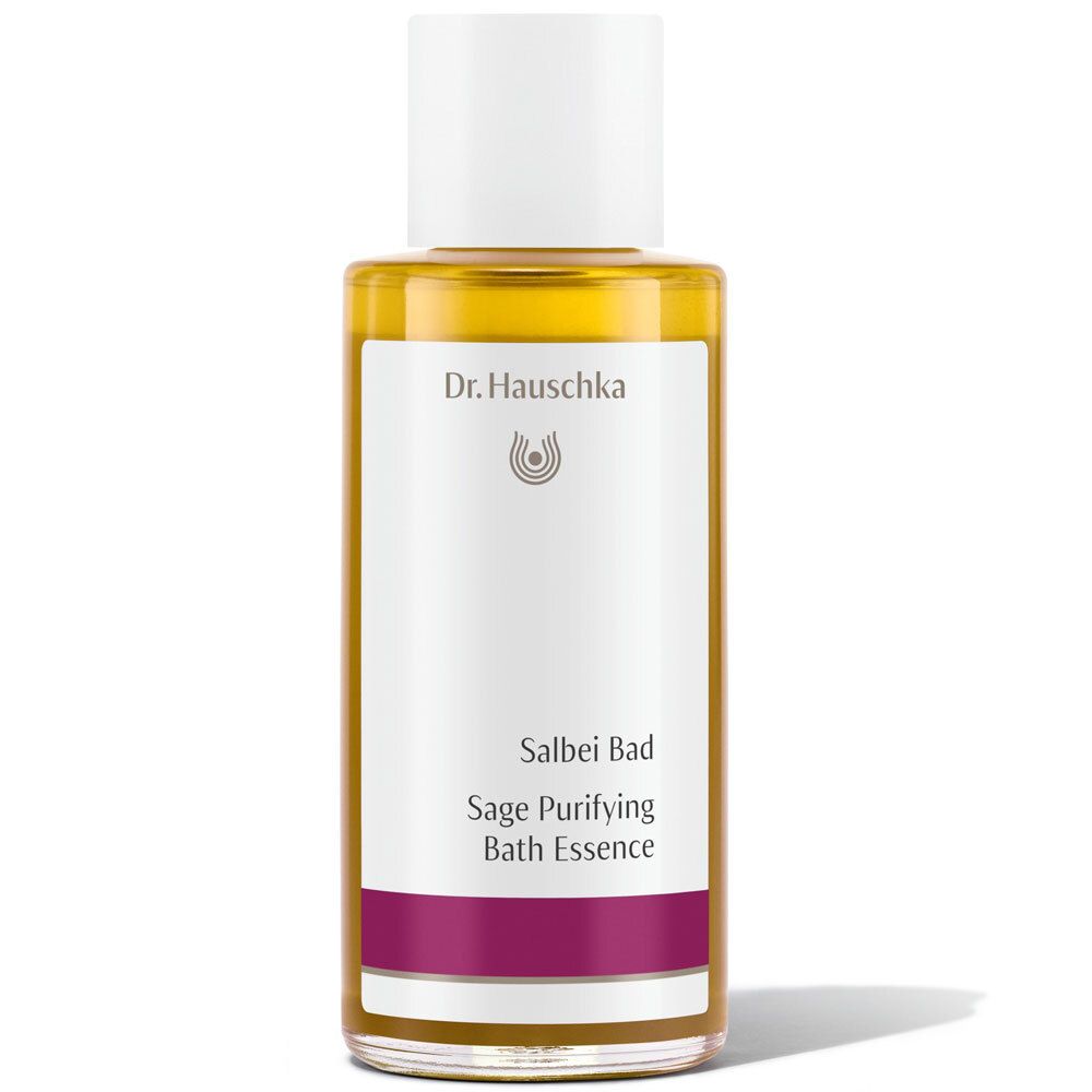 Dr. Hauschka Salbei Bad. Flacon avec liquide jaune, bouchon blanc et étiquette avec nom du produit.