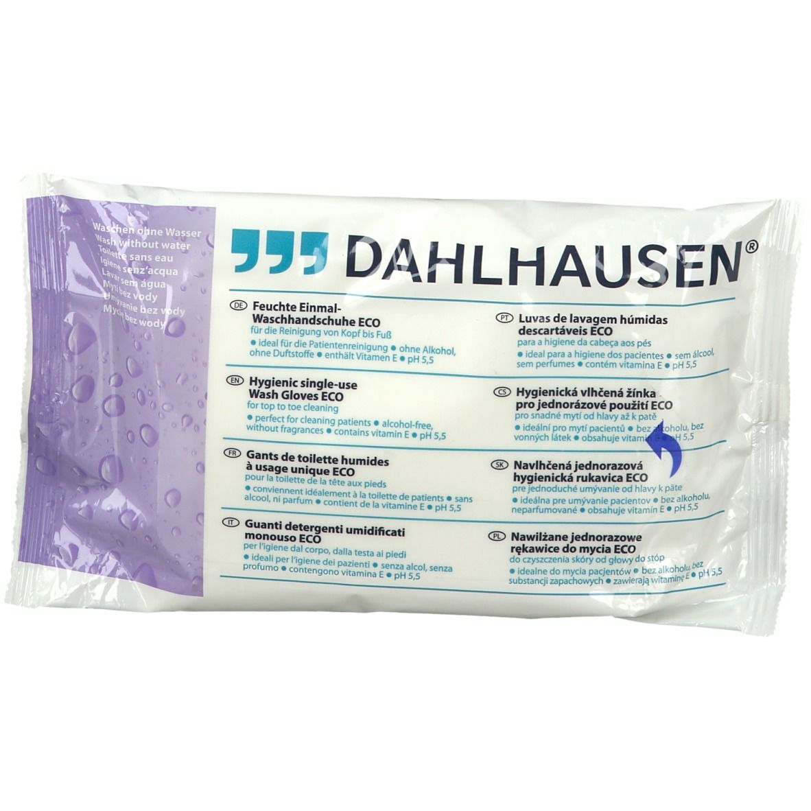 Paquet de gants de toilette humides à usage unique ECO de Dahlhausen. Emballage blanc avec informations et logo.
