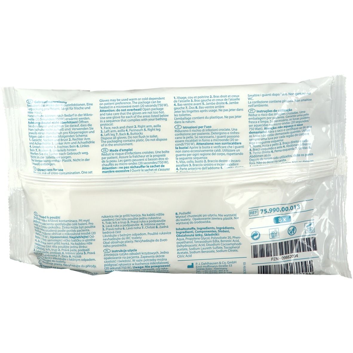 Dos du paquet de gants de toilette humides ECO. Informations textuelles et code-barres sur fond blanc.
