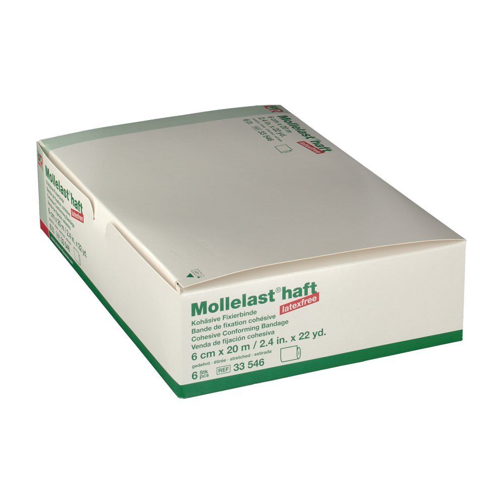 Emballage de Mollelast® haft. Inscription : 6 cm x 20 m, sans latex. Six rouleaux. Emballage vert et blanc.