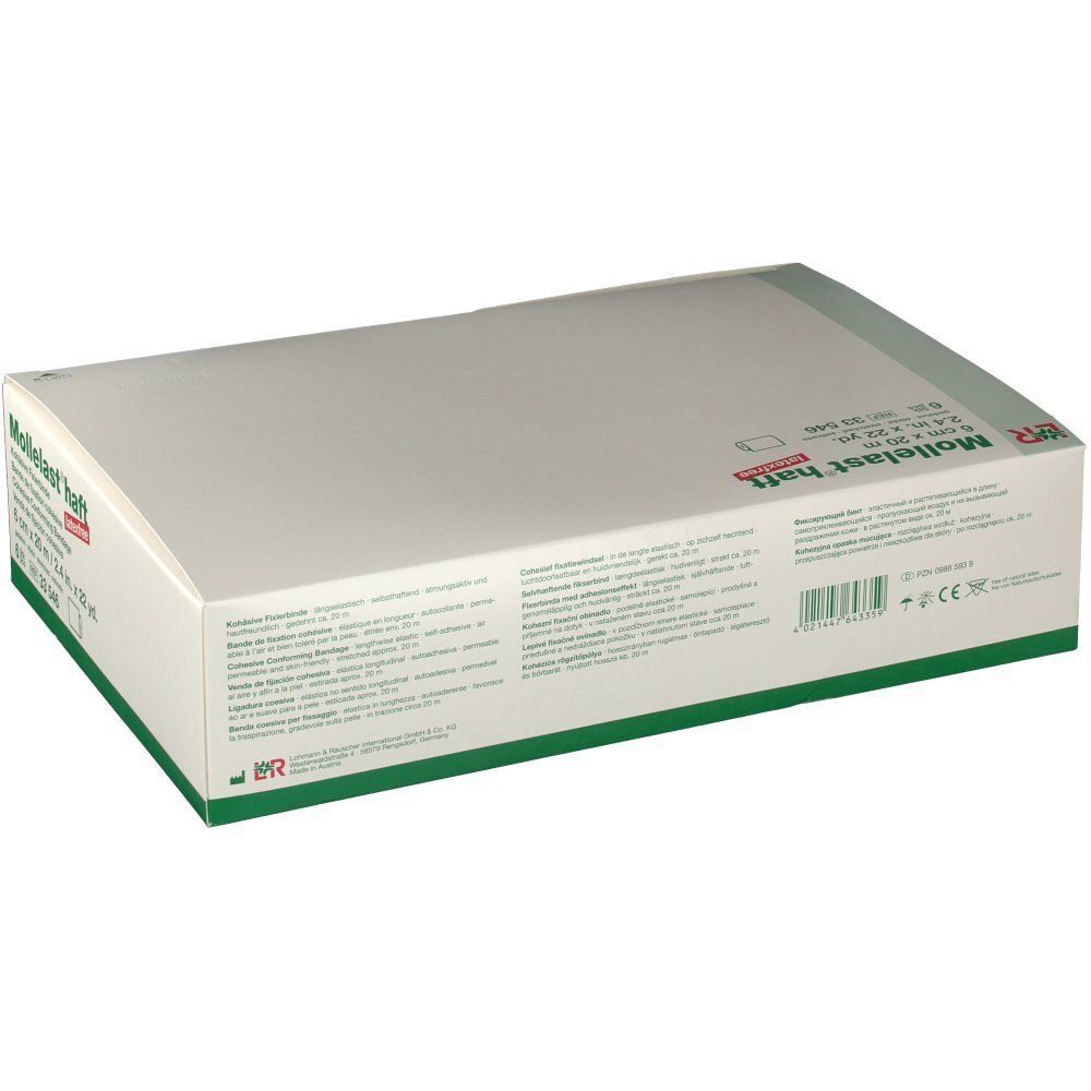 Dos de l'emballage de Mollelast® haft. Texte en plusieurs langues. Emballage vert et blanc.