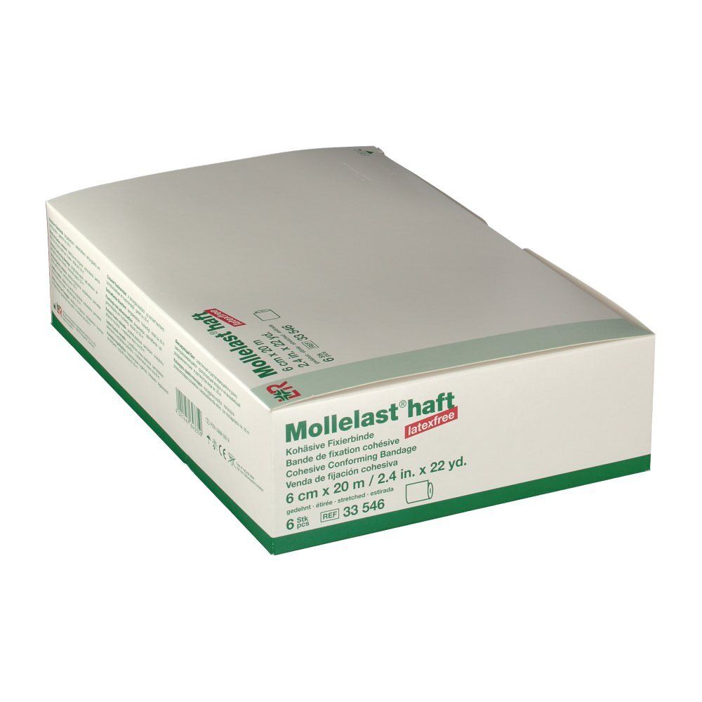 Emballage de Mollelast® haft. Inscription : 6 cm x 20 m, sans latex. Six rouleaux. Emballage vert et blanc.