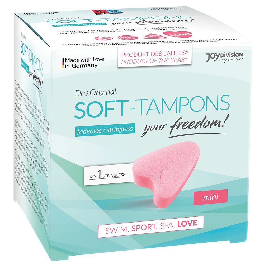 Emballage des Soft-Tampons mini, rose, avec illustration du produit et texte.