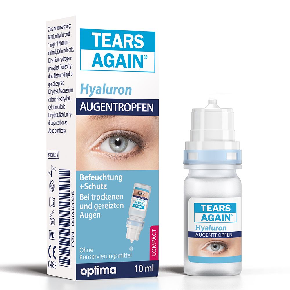 Emballage de TEARS AGAIN® Hyaluron Augentropfen. Flacon et boîte. Inscription : Hyaluron Augentropfen, 10 ml.