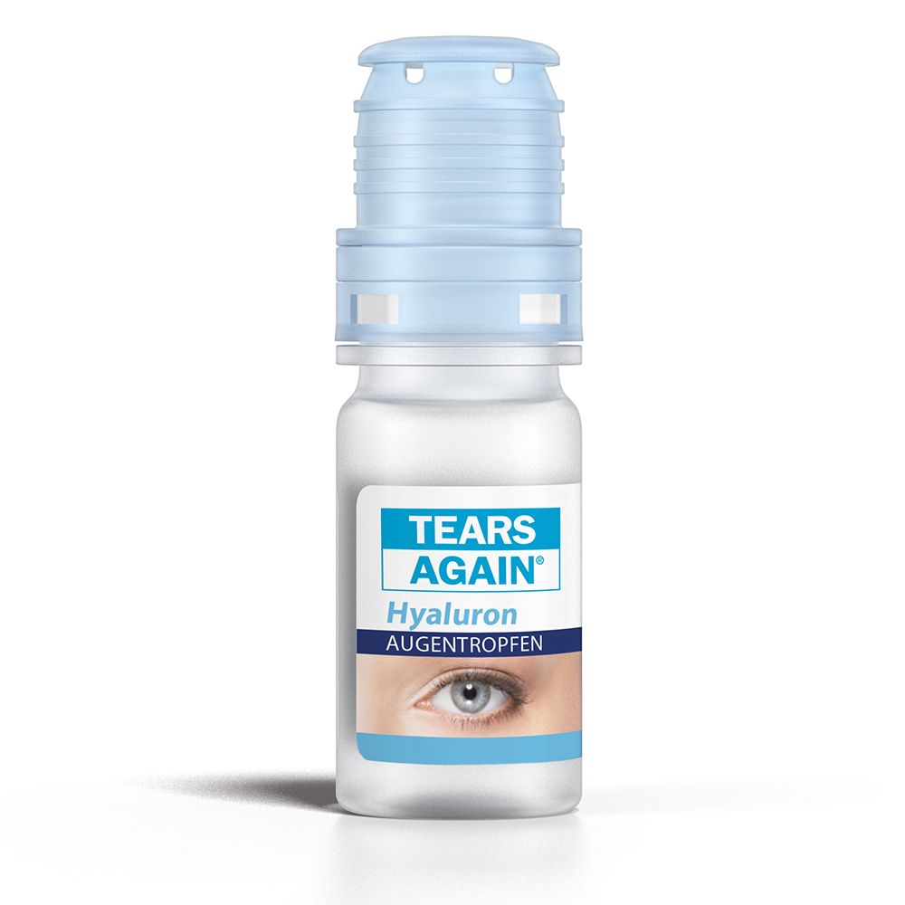Flacon de TEARS AGAIN® Hyaluron Augentropfen. Flacon blanc avec bouchon bleu. Inscription : Hyaluron Augentropfen.