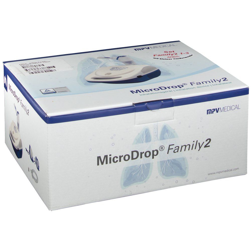 Emballage de MicroDrop Family2. Boîte avec image du produit. Logo MPV MEDICAL. Texte: Set Family2 1-3 ans.