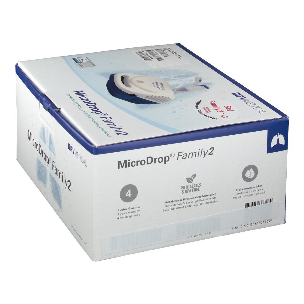 Emballage de MicroDrop Family2. Boîte avec image du produit et symbole pulmonaire. Logo MPV MEDICAL. Texte: Garantie 4 ans.