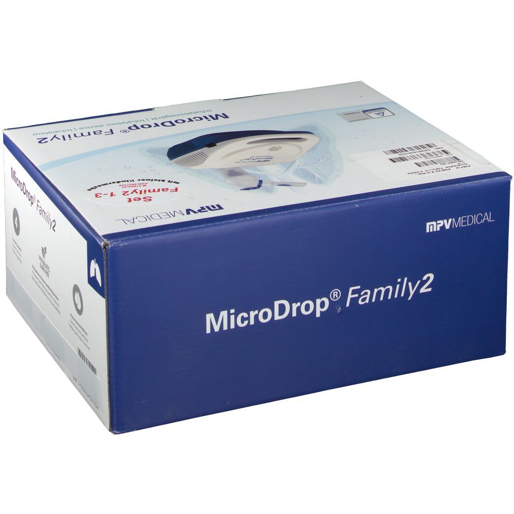 Emballage en carton de MicroDrop Family2. Boîte bleue et blanche avec image du produit. Logo MPV MEDICAL. Texte: Set Family2 1-3 ans.