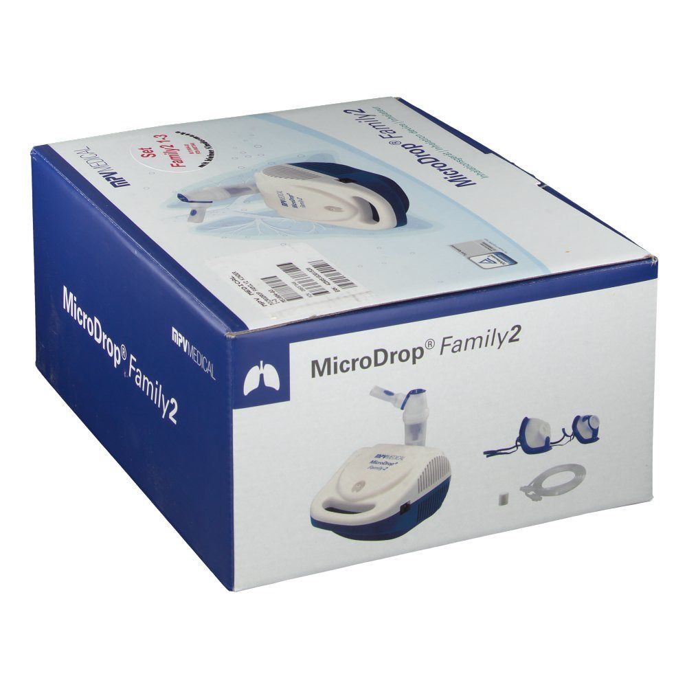 Emballage de MicroDrop Family2. Boîte bleue avec image du produit et accessoires. Logo MPV MEDICAL. Texte: Set Family2 1-3 ans.
