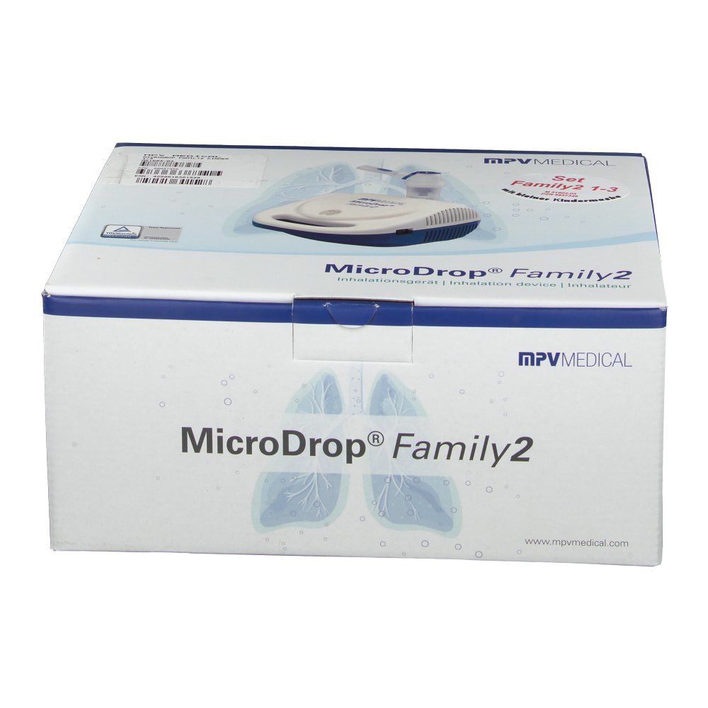 Emballage de MicroDrop Family2. Boîte avec image du produit. Logo MPV MEDICAL. Texte: Set Family2 1-3 ans. www.mpvmedical.com