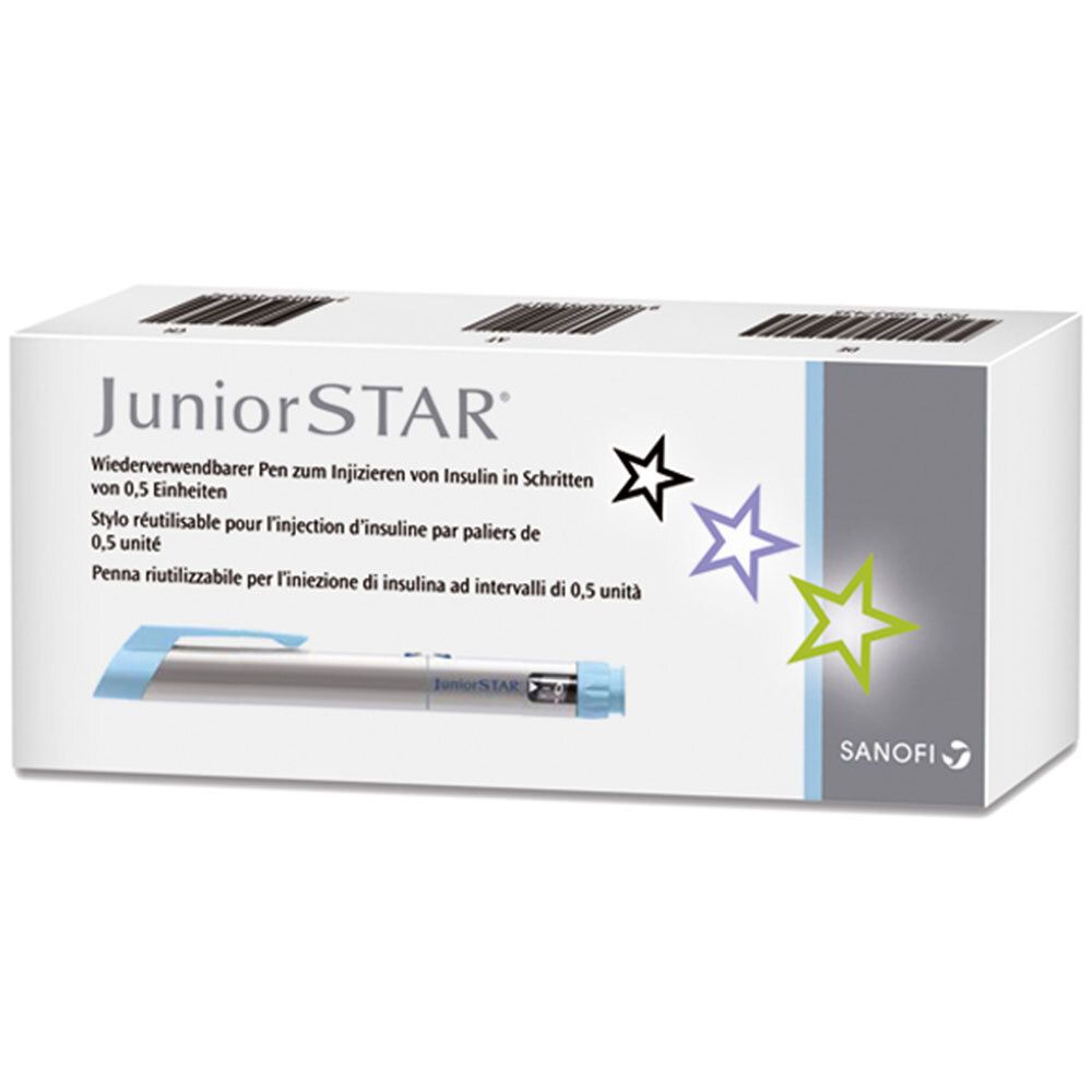 Emballage d'un stylo JuniorSTAR pour injections d'insuline par paliers de 0,5 unité.