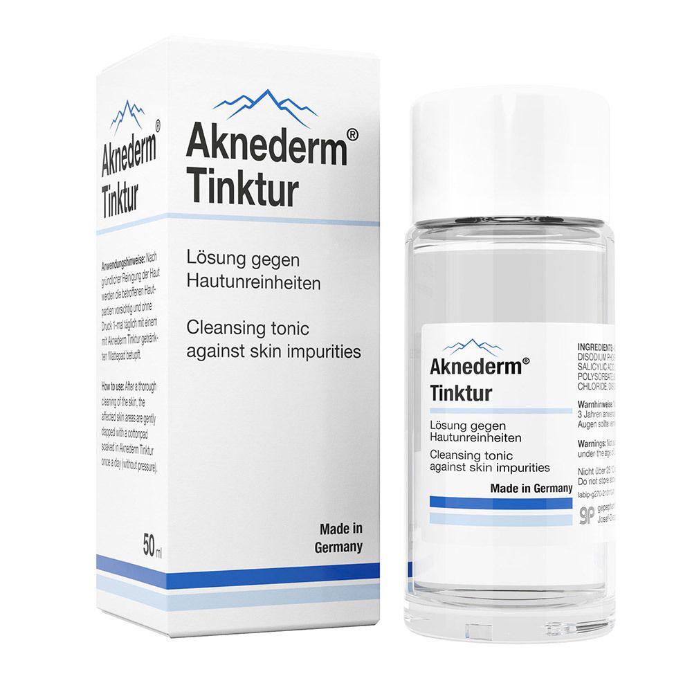 Flacon et emballage Aknederm Tinktur. Solution contre les impuretés cutanées. Fabriqué en Allemagne. 50ml.