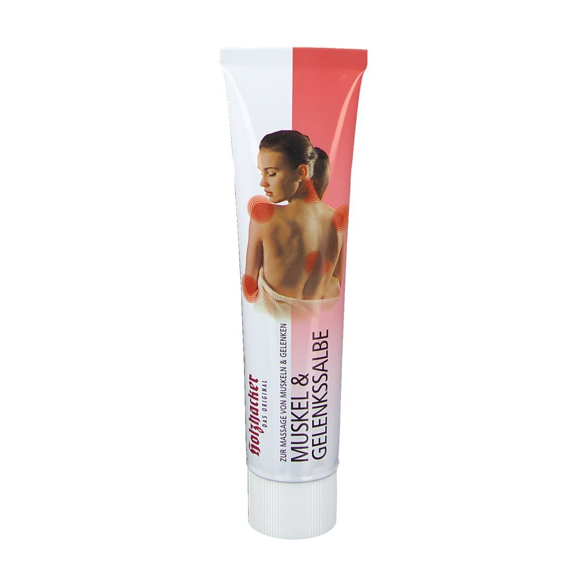 Tube de crème RIVIERA Muskel & Gelenkssalbe. Femme avec marques rouges sur le dos et les bras. Design blanc et rouge.
