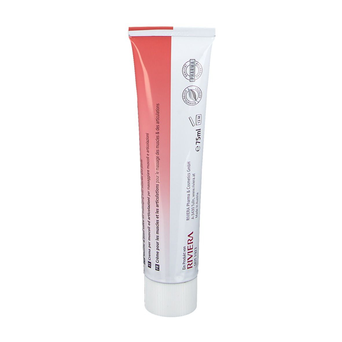 Tube RIVIERA Muskel & Gelenkssalbe. Design blanc et rouge. Texte : Crème pour muscles et articulations. Certifications.