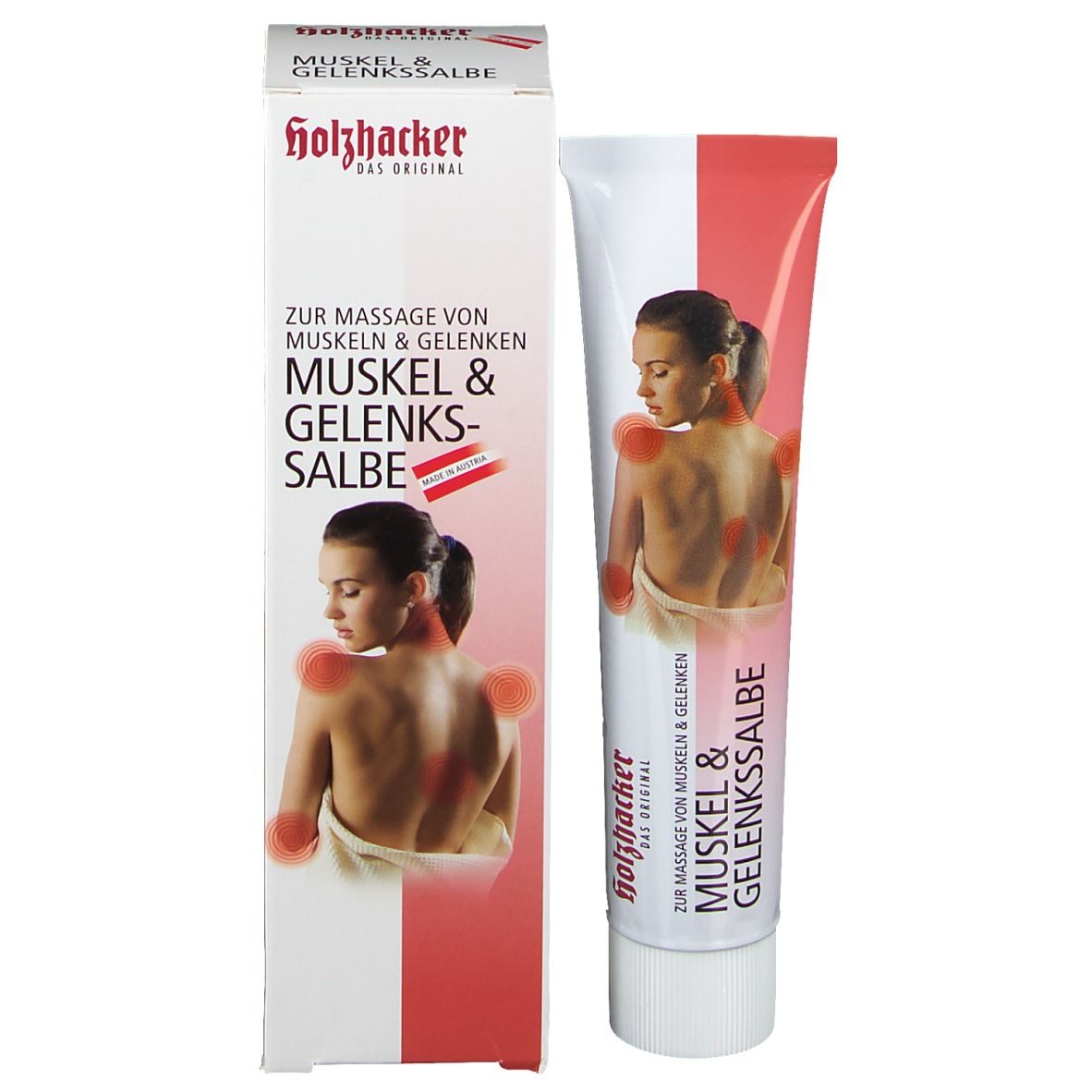 Emballage et tube RIVIERA Muskel & Gelenkssalbe. Femme avec marques rouges. Design blanc et rouge.