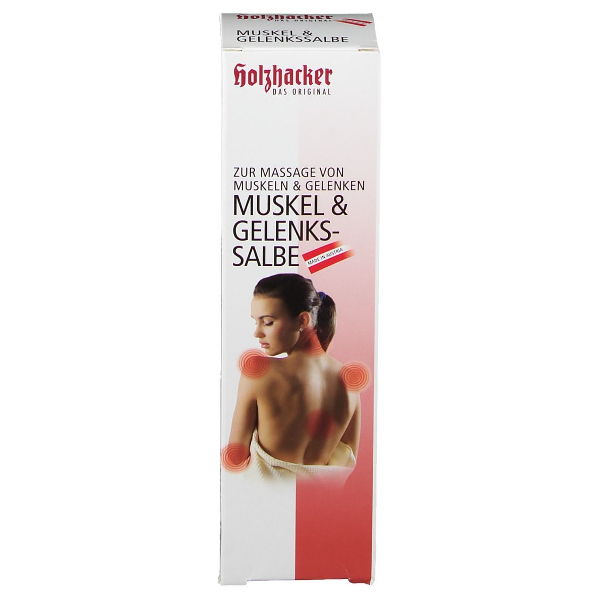 Emballage RIVIERA Muskel & Gelenkssalbe. Femme avec marques rouges. Design blanc et rouge.