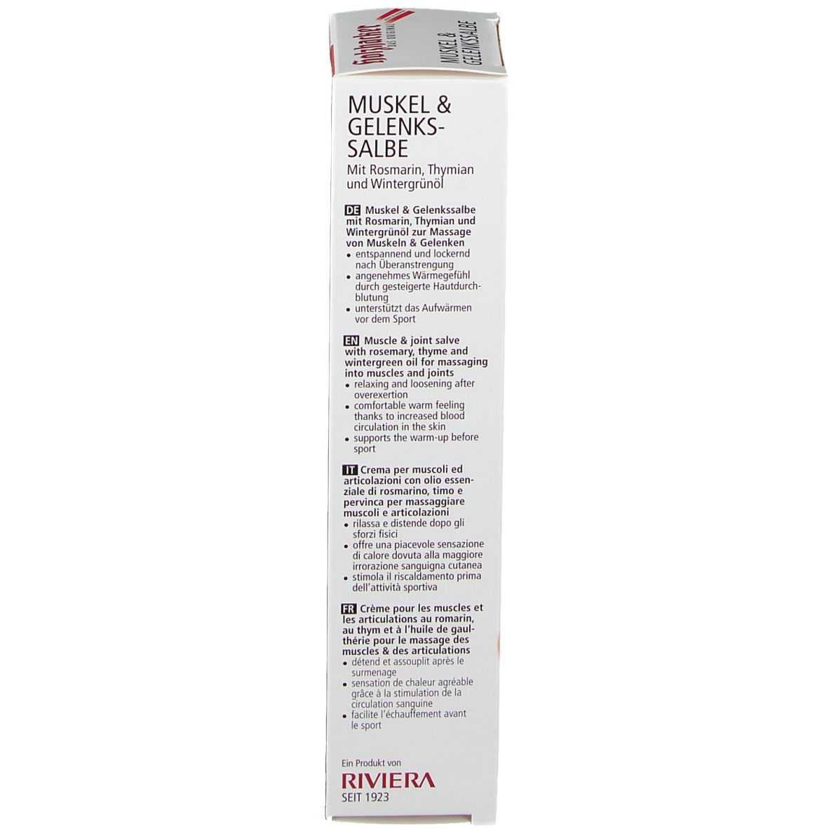 Côté de l'emballage RIVIERA Muskel & Gelenkssalbe. Texte en allemand, anglais, italien et français.