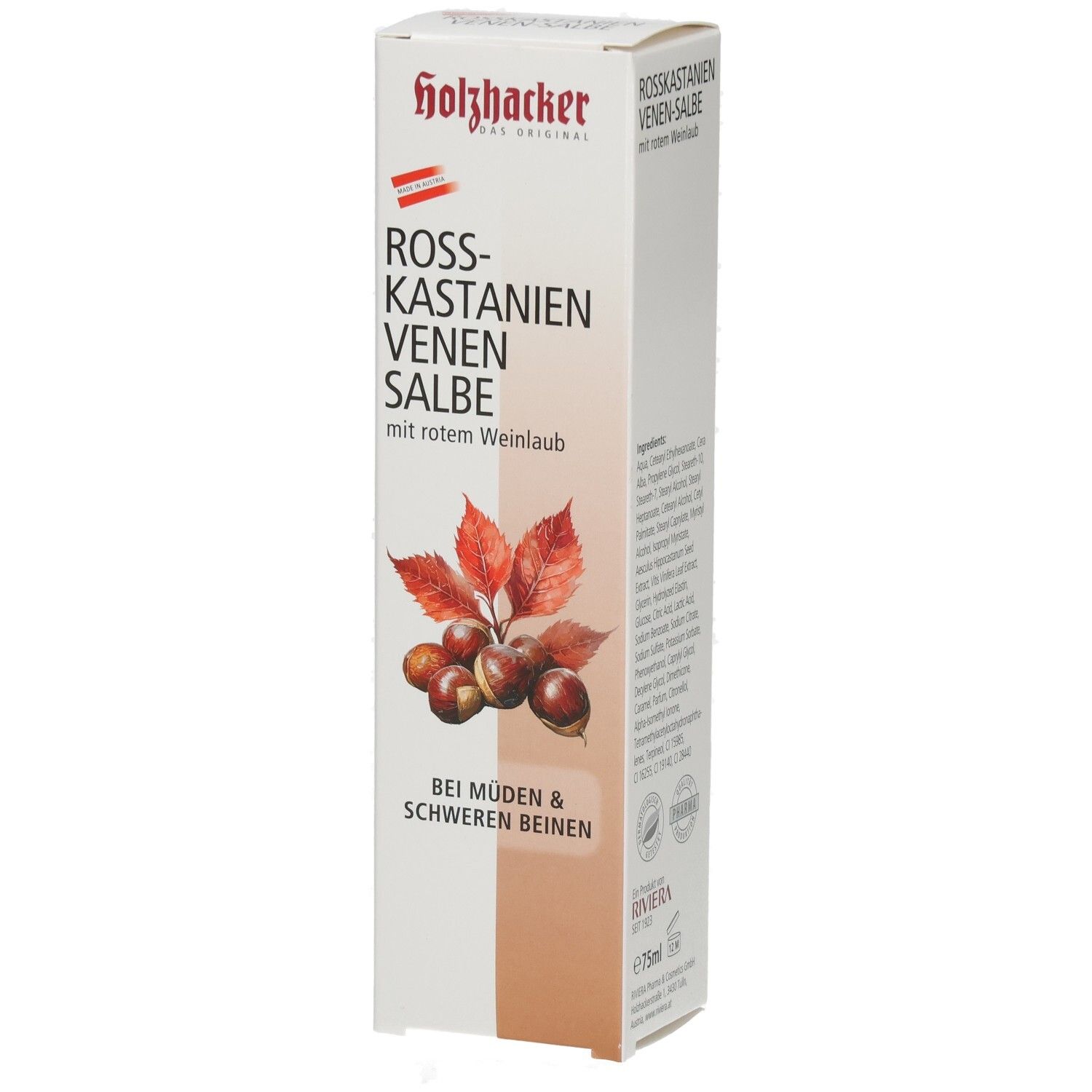 Emballage en carton avec nom du produit et illustration de marrons. Marque : Holzbacher.