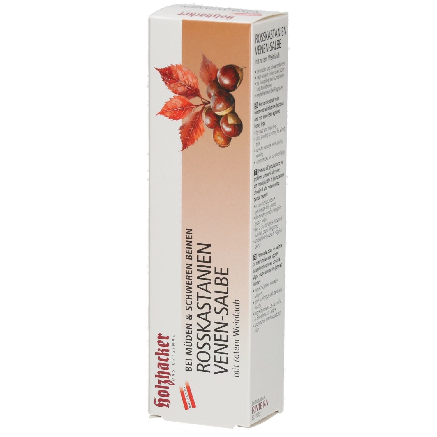 Emballage en carton avec nom du produit et illustration de marrons. Marque : Holzbacher.