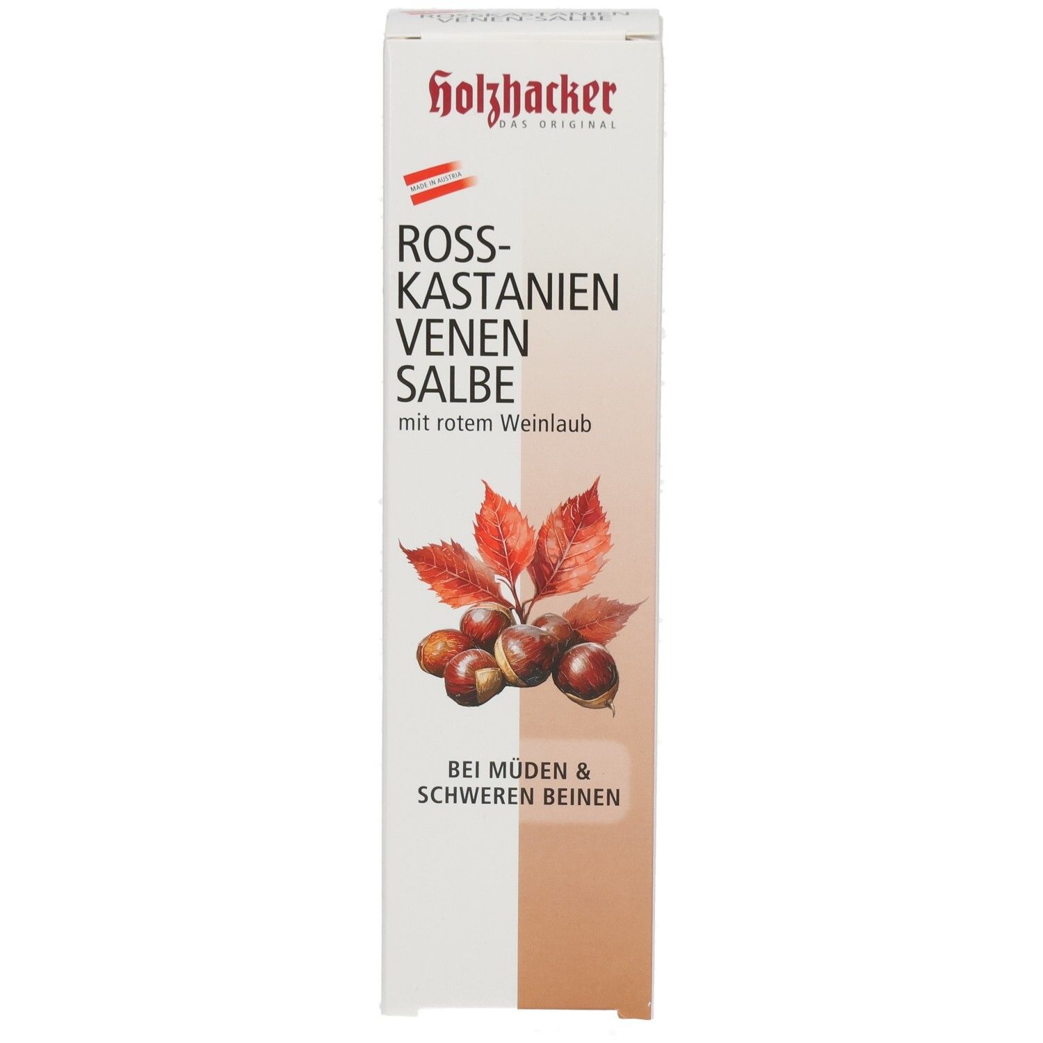 Emballage en carton avec nom du produit et illustration de marrons. Marque : Holzbacher.