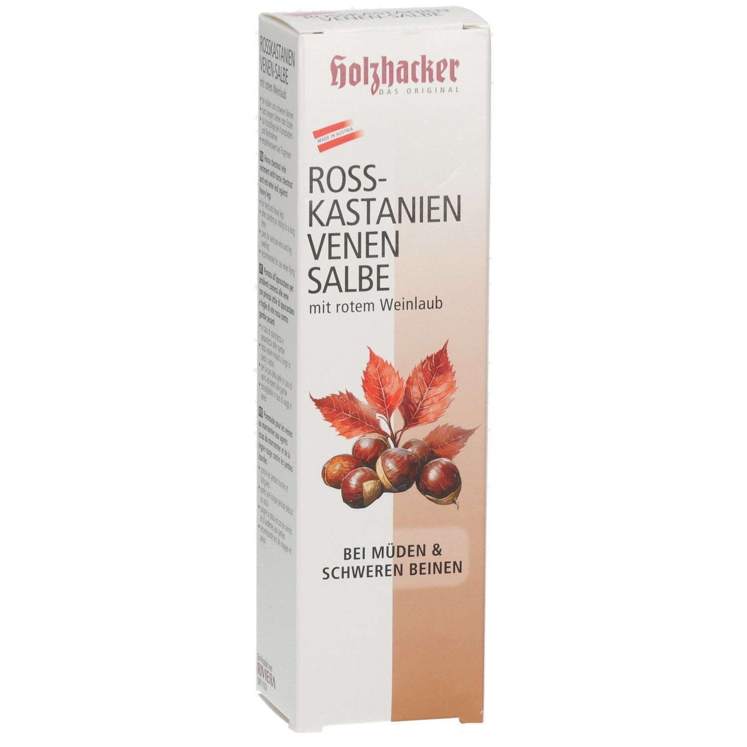 Emballage en carton avec nom du produit et illustration de marrons. Marque : Holzbacher.