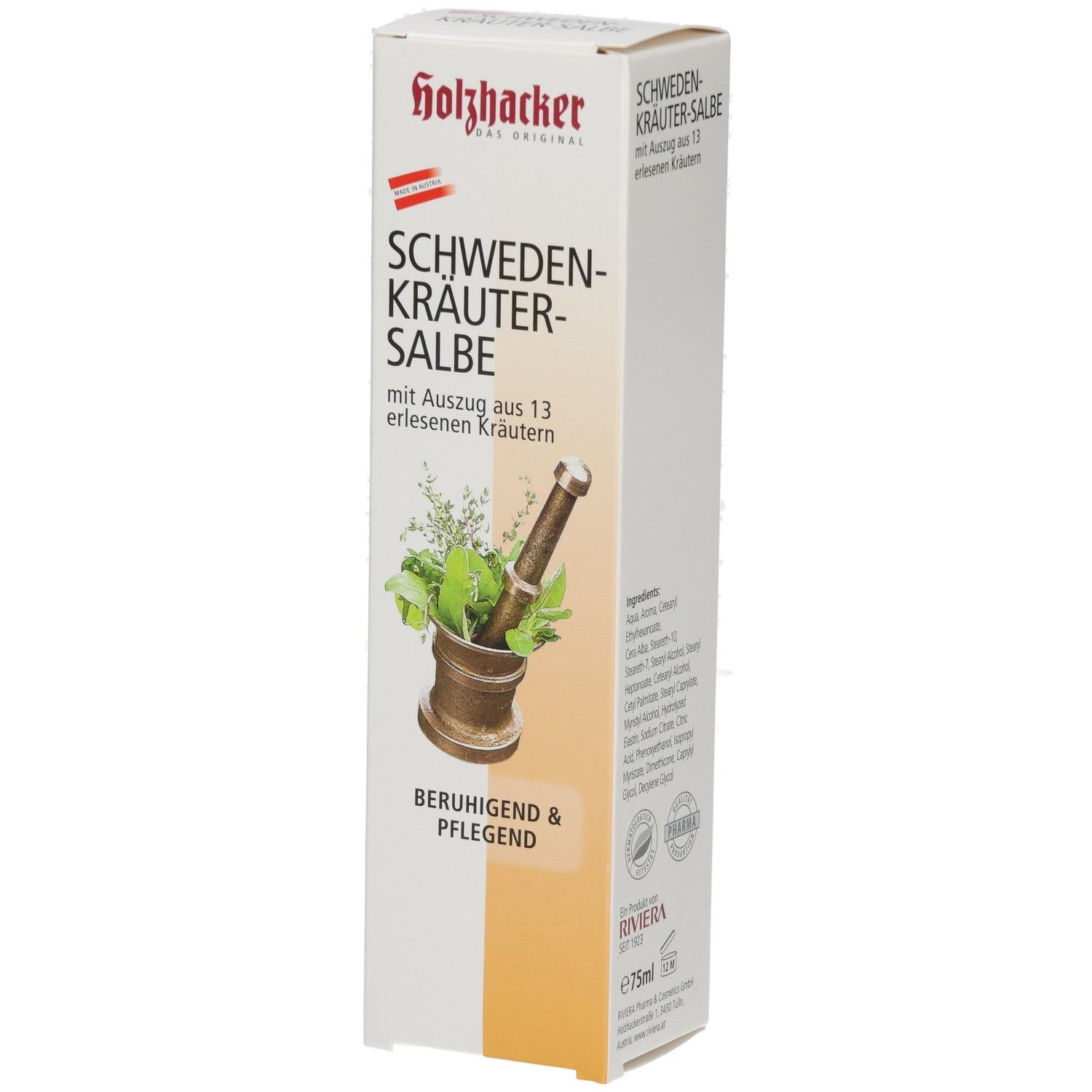 Boîte blanche avec nom du produit et illustration d'herbes dans un mortier. Texte : Schwedenkräuter Salbe.