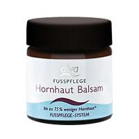 Pot marron avec couvercle noir. Inscription: Hornhaut Balsam. Étiquettes bleues et blanches. Marque: alva.