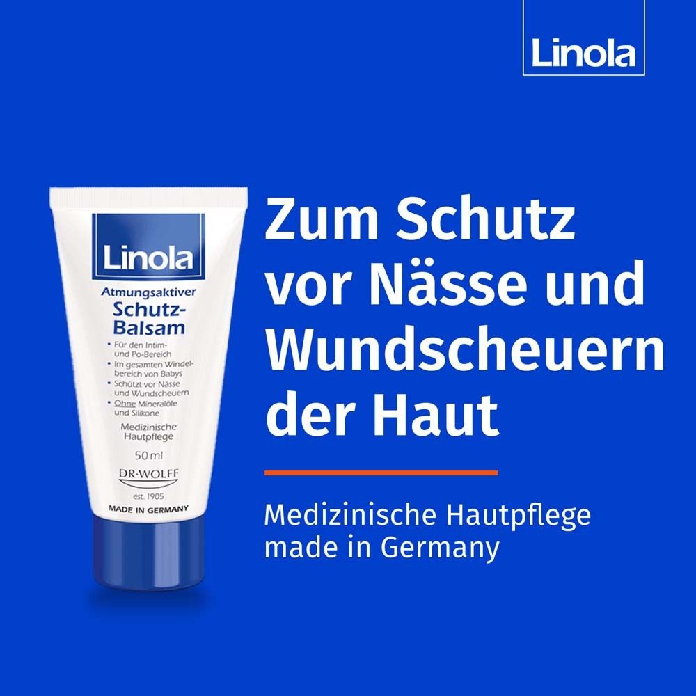 Tube Linola Schutz-Balsam sur fond bleu. Texte : Pour protéger la peau de l'humidité et des irritations.