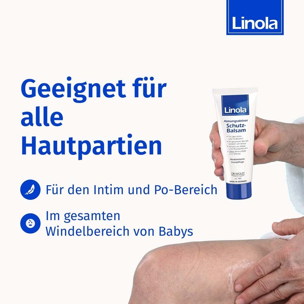 Main tenant un tube Linola Schutz-Balsam. Convient à toutes les parties du corps, zone intime et fessiers.