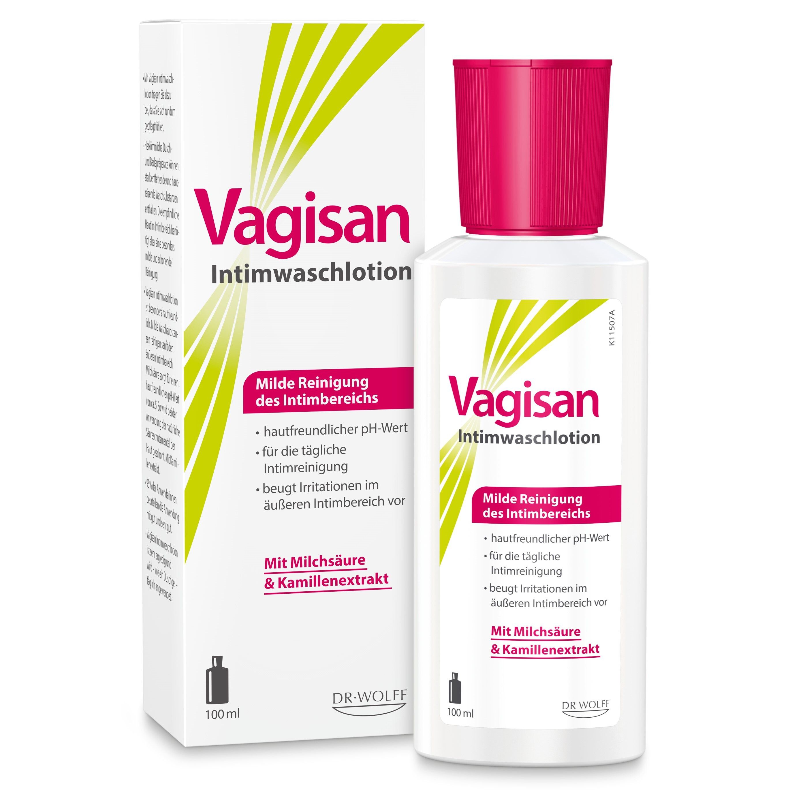 Vagisan Intimwaschlotion, flacon et emballage. Blanc, bouchon rose. Texte : Intimwaschlotion, 100 ml.