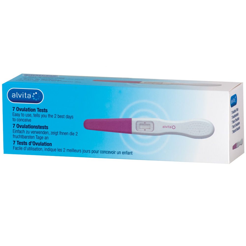 Boîte de 7 tests d'ovulation alvita. Deux tests d'ovulation numériques sont représentés.