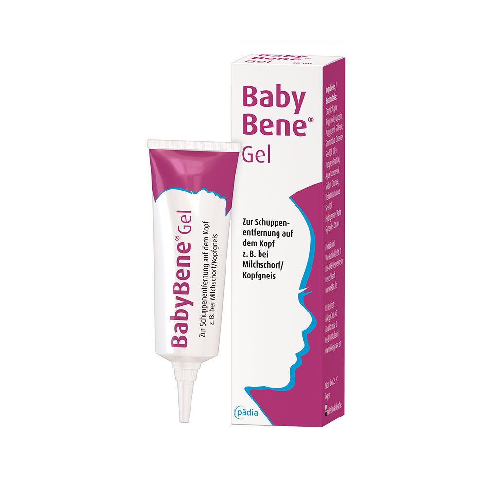 Tube et boîte de BabyBene® Gel. La tube est blanche avec un bouchon rose. La boîte présente un profil de bébé.