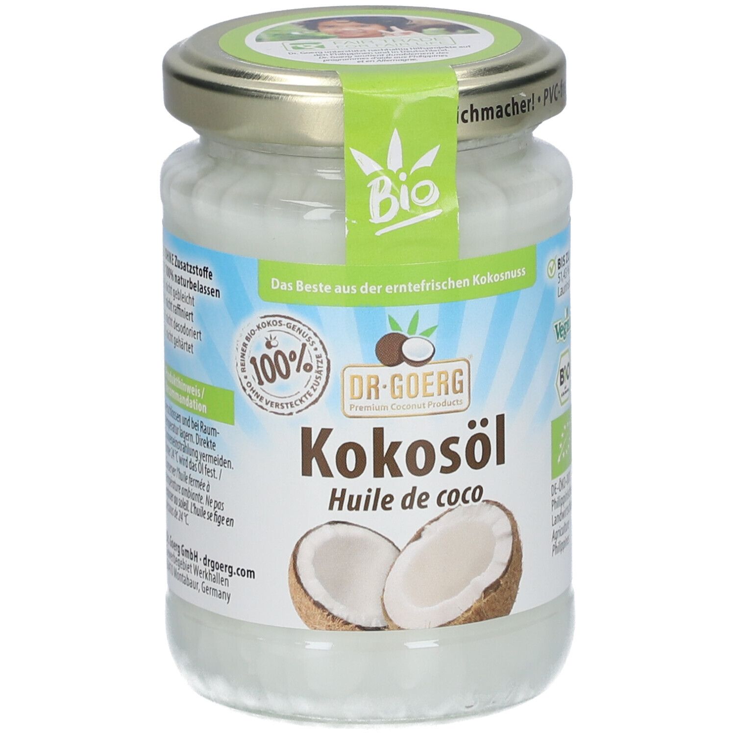 Pot de Dr. Goerg Kokosöl, avec logo Bio. Étiquette verte et image de noix de coco. Couvercle argenté.