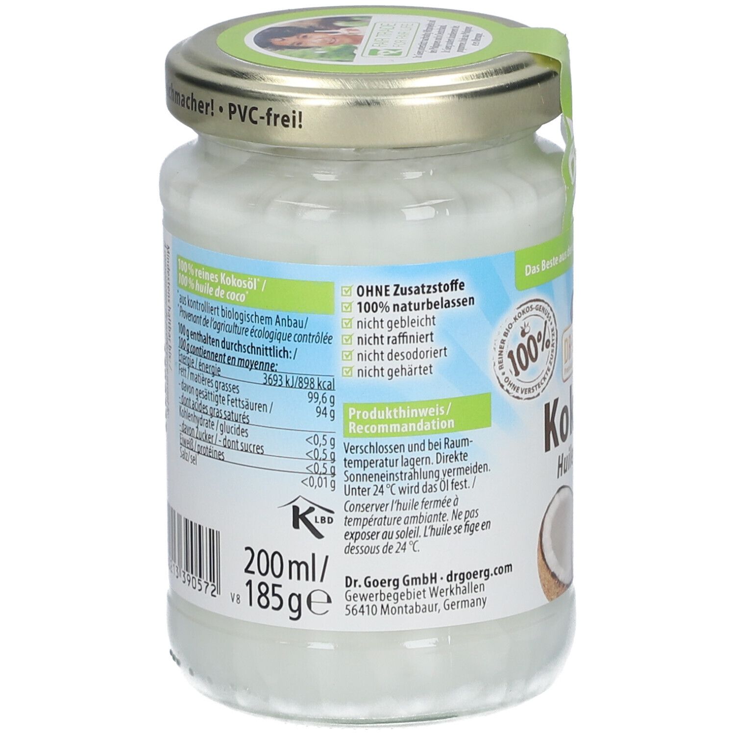 Dos du pot d'huile de coco. Informations nutritionnelles et ingrédients. Inscription Dr. Goerg. 200ml/185g.