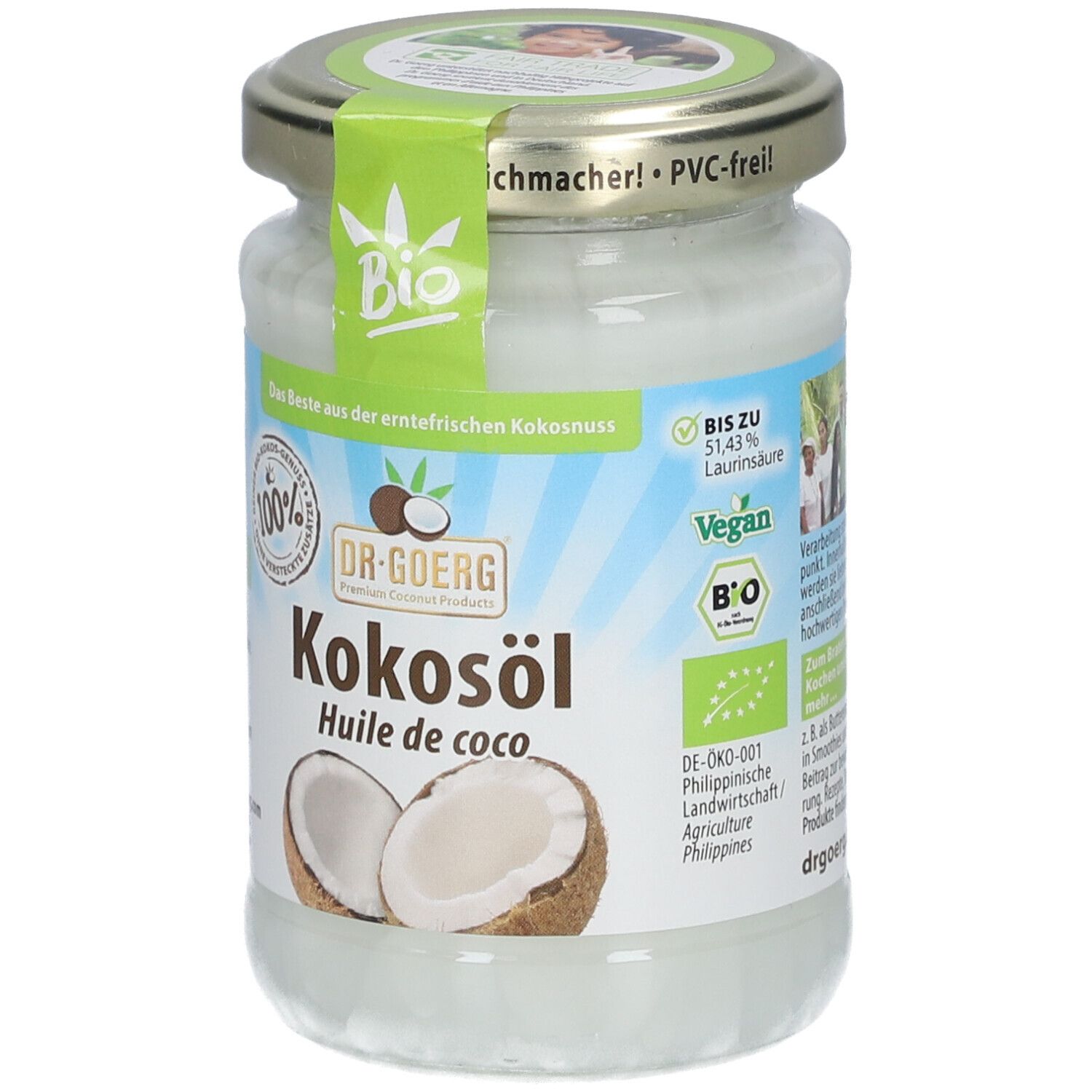 Pot de Dr. Goerg Kokosöl, logo Bio, Vegan. Étiquette verte et image de noix de coco. Couvercle argenté.
