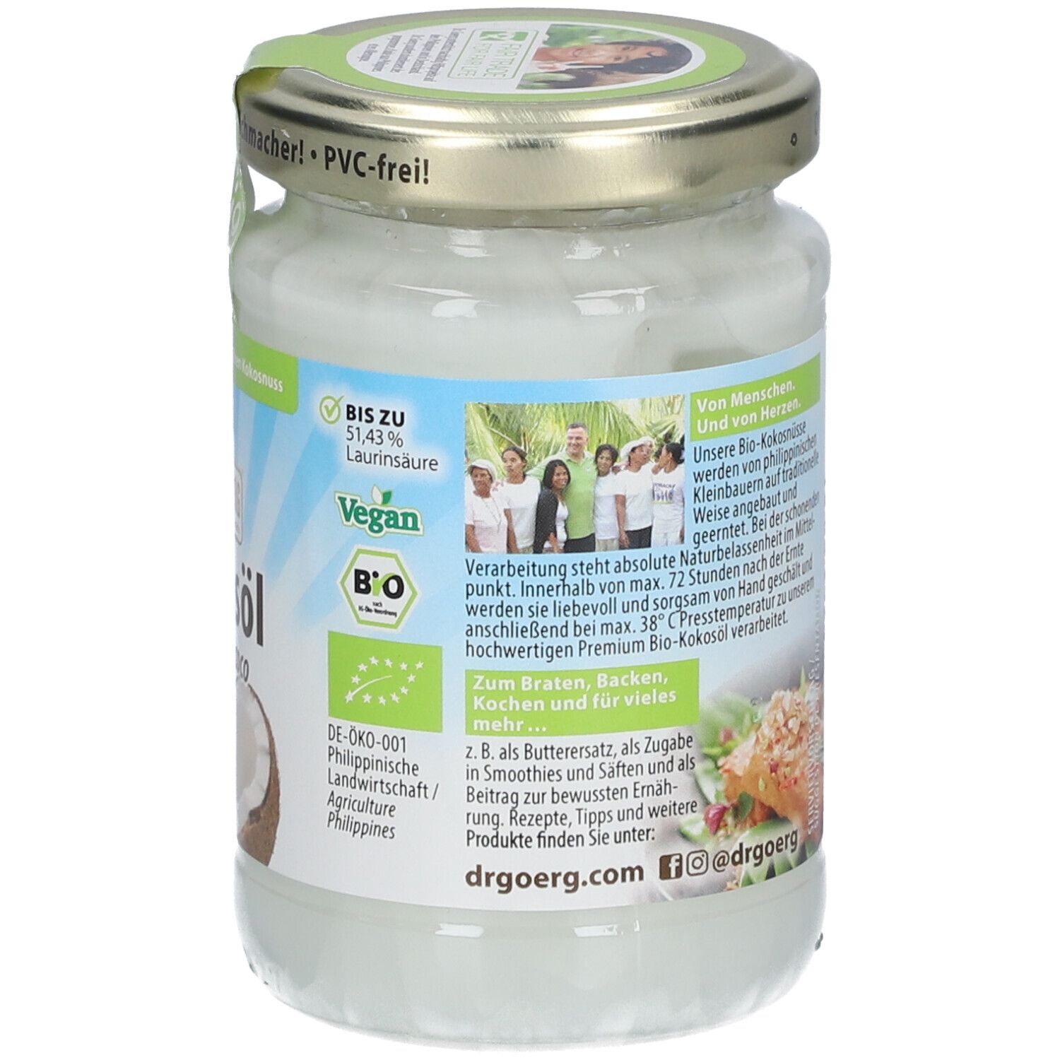 Dos du pot d'huile de coco. Informations sur la production. Inscription Dr. Goerg. Logo Bio, Vegan. Étiquette verte.