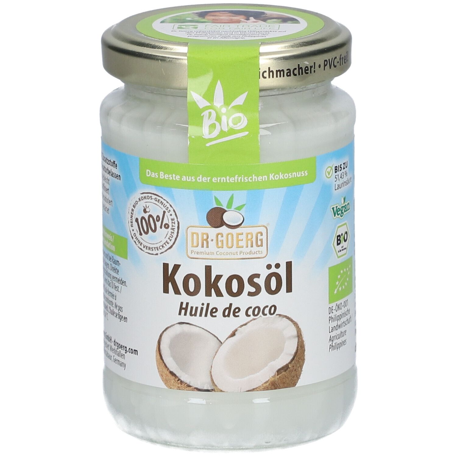 Pot de Dr. Goerg Kokosöl, avec logo Bio. Étiquette verte et image de noix de coco. Couvercle argenté.