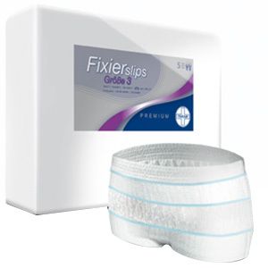Slip de fixation taille 3, blanc avec rayures bleues. À côté d'un emballage avec indication du produit.