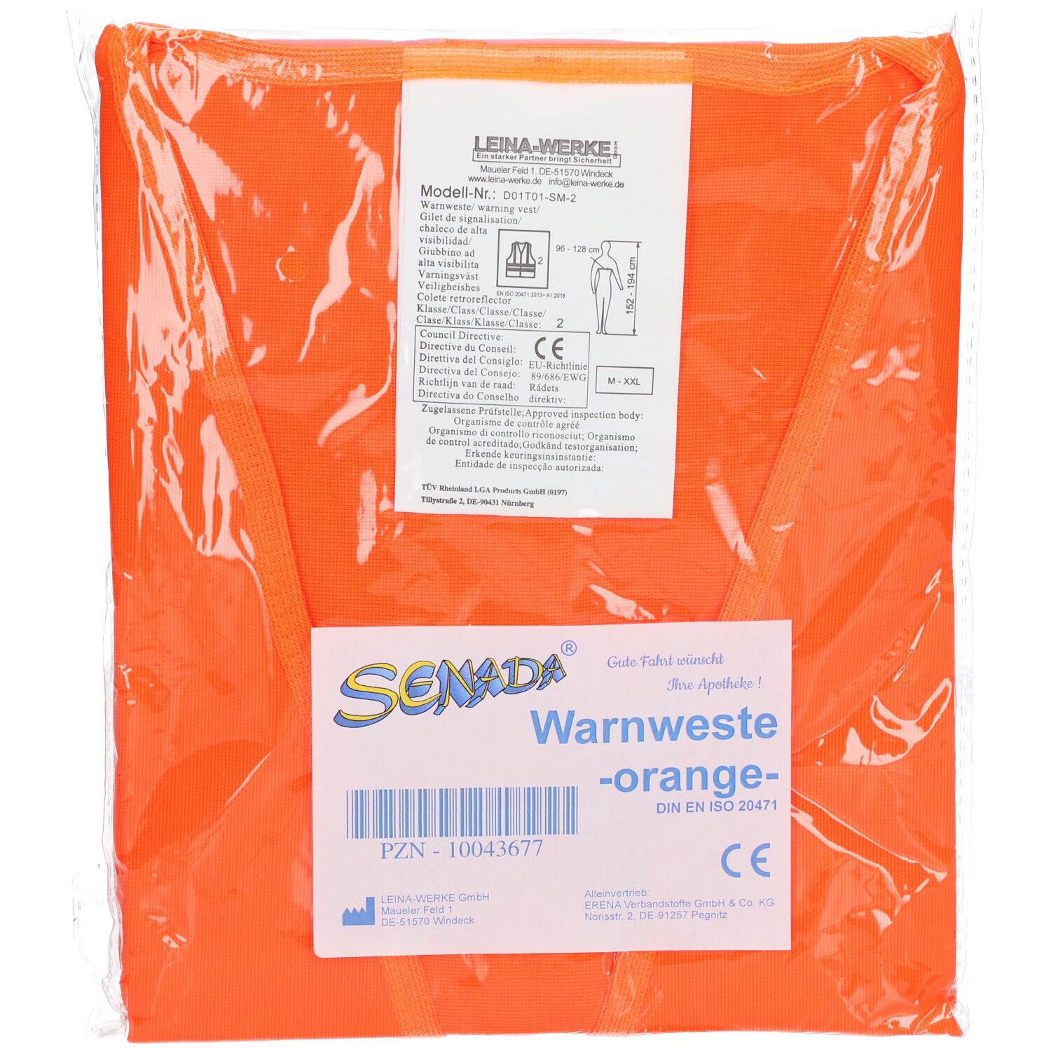 Gilet de sécurité orange Senada, emballé. Étiquette avec informations produit, marquage CE et numéro PZN.