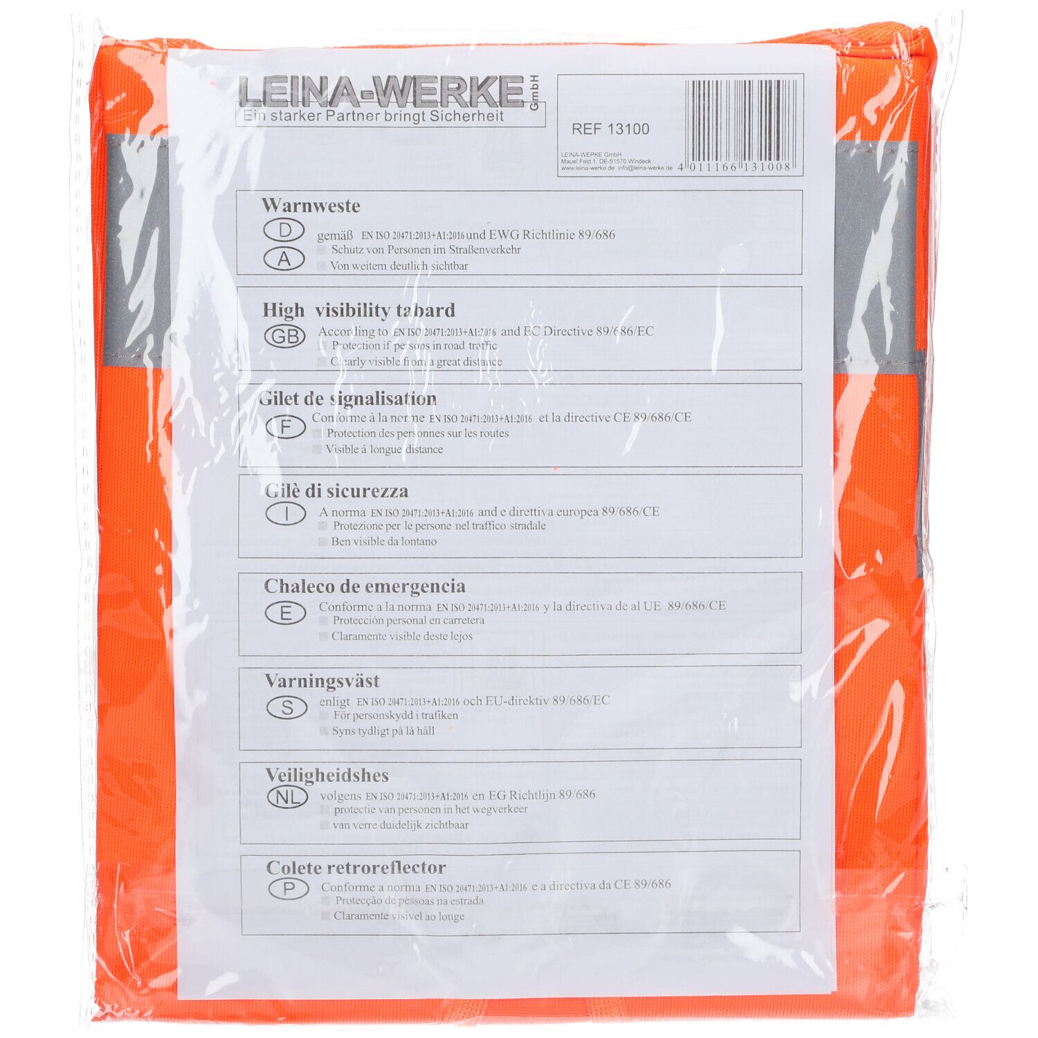 Dos du gilet de sécurité orange Senada, emballé. Informations produit et marquage CE.