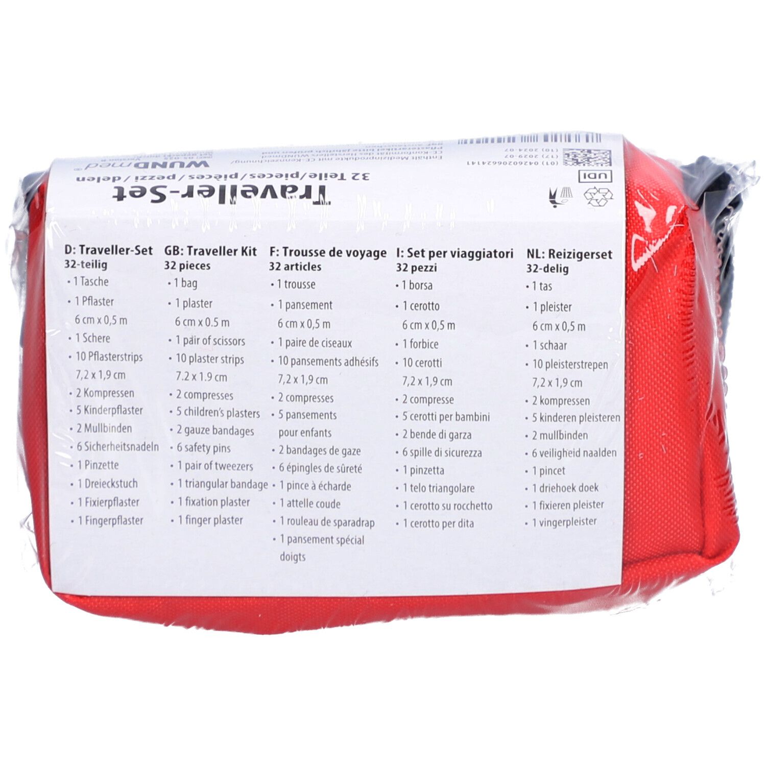 Trousse rouge avec liste du contenu en plusieurs langues. Contient 32 pièces. Emballée sous film.